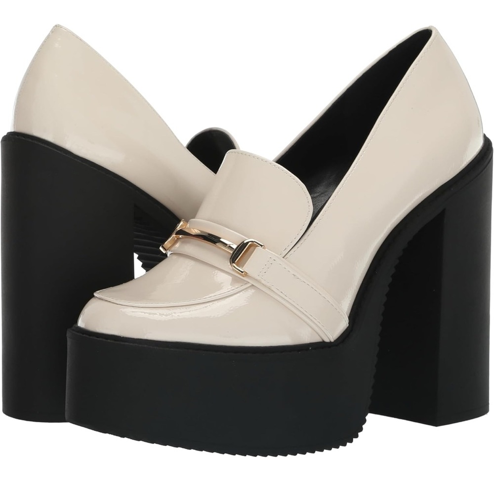 Jessica Simpson Cream and Black Platform Loafers with Metallic Accent